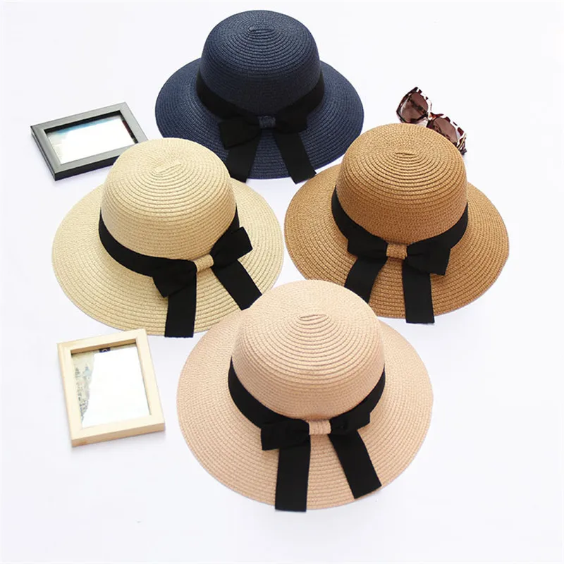 

Summer adult women casual ribbon straw hat Bow bowknot sun protection hat for ladies beach cap Sunscreen hats