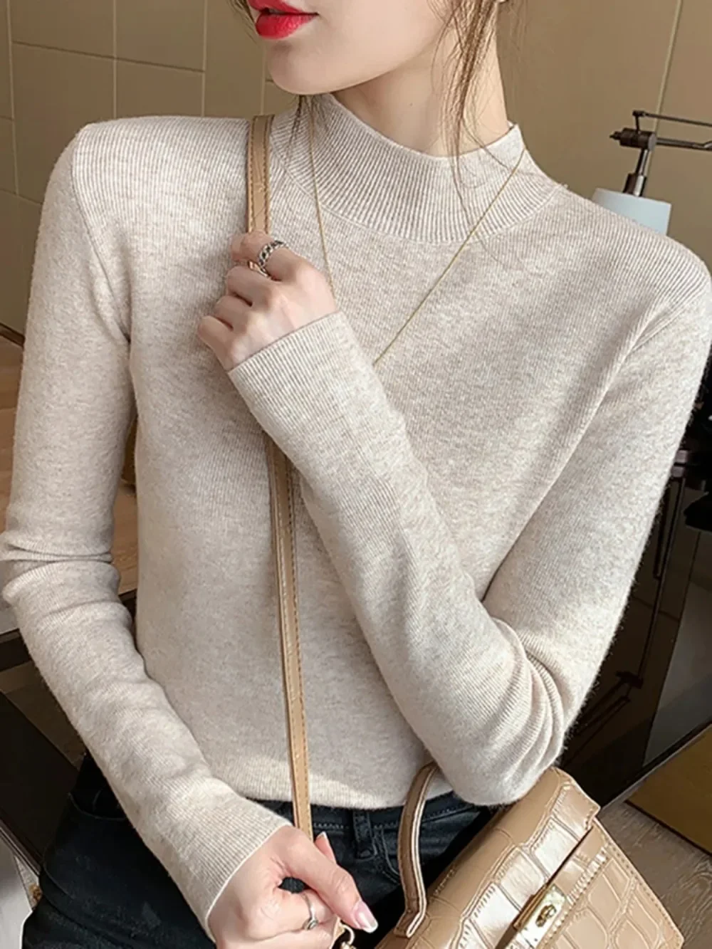 Fashion Basic Slim-fit Half Turtleneck Pullover Sweater Elegant Long Sleeve Knitted Tops Autumn Winter Jumper Women Clothes