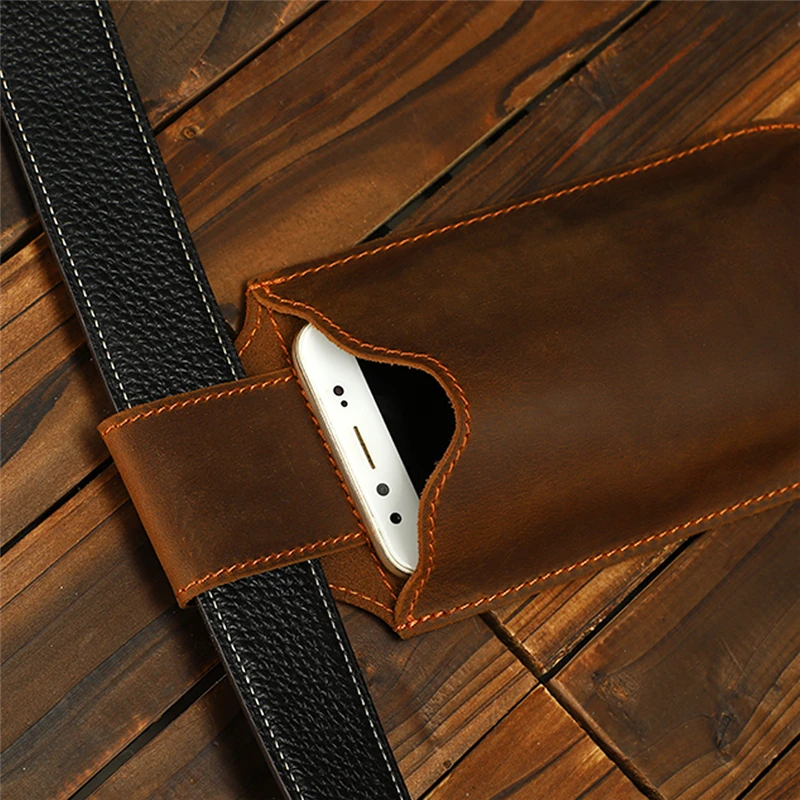 Genuine Leather Phone Pouch Case For  6-7.5inch  Cellphone Loop Holster Case Belt Waist Bag Phone Wallet Anti-theft