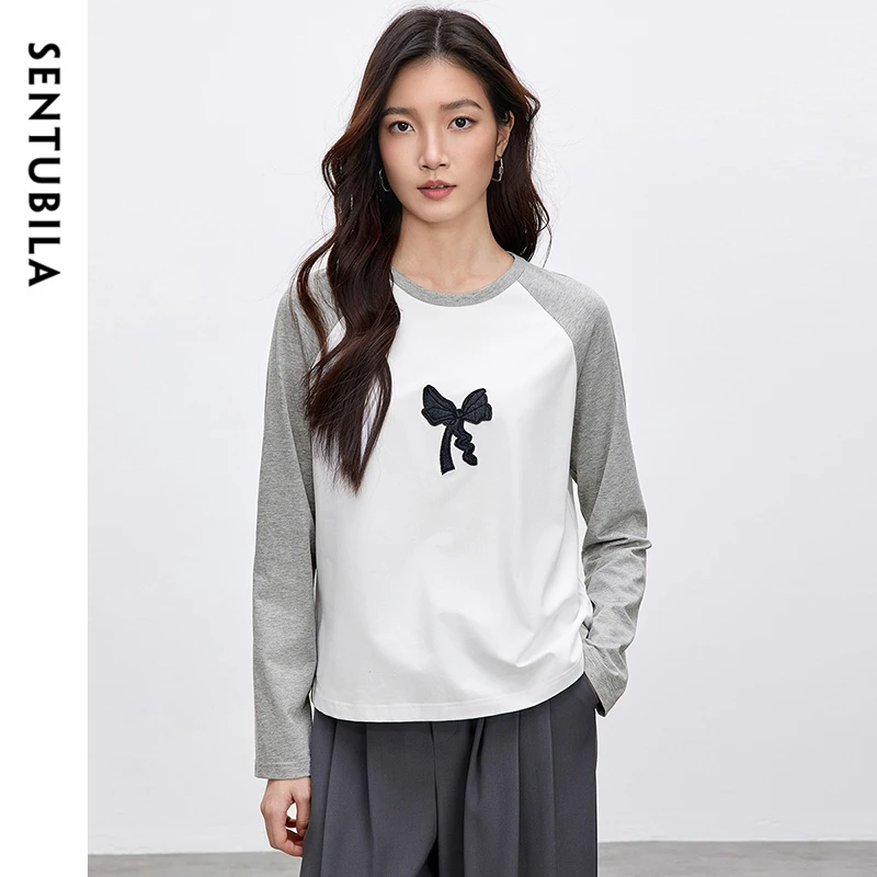 SENTUBILA Cotton Embroidery T-shirts Women 2025 Spring Casual Bow Print Long Sleeve Tee Shirt Tops Teen Girls Clothes 151T58759