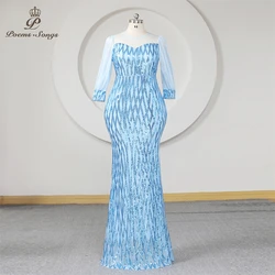 Mermaid Plus Size Evening Dress With Long Sleeves Blue Sequins Sheer Neck Women Prom Dresses Party Formal Gown Maxi dress