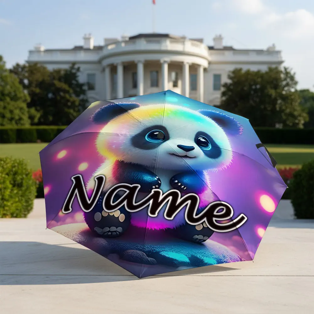 Custom Name Umbrella Glowing Rainbow Neon Panda On Bokeh Background Print Folding Umbrella, Portable Travel Parasol For Kids