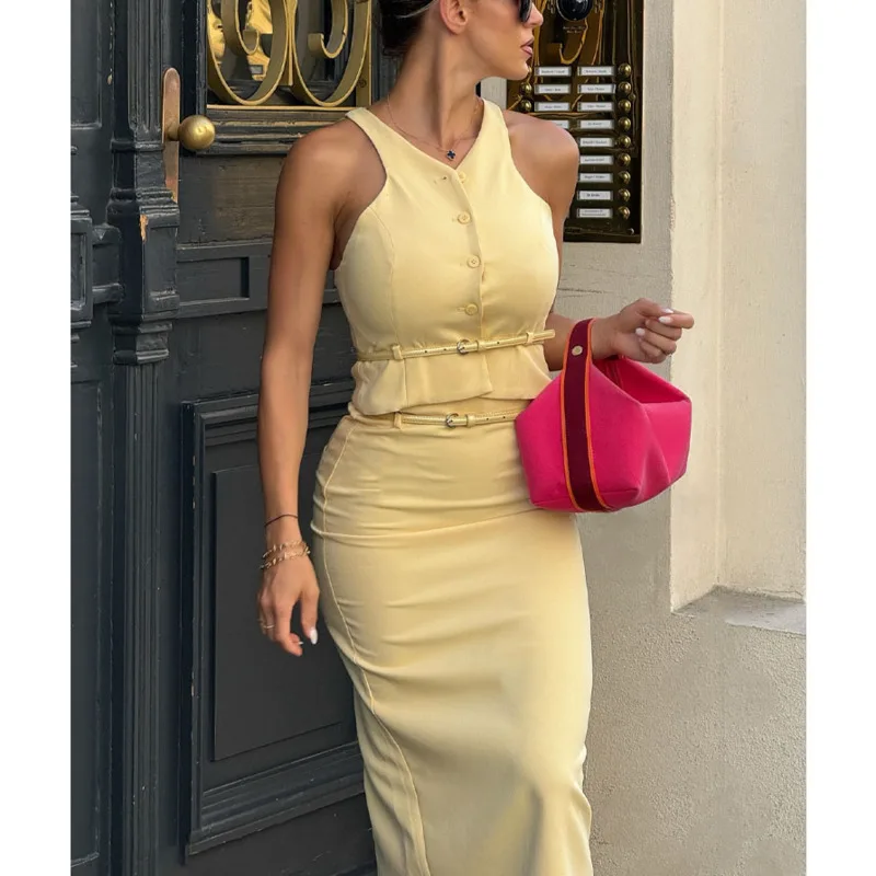 Yellow V-Neck Sleeveless Belt Single Breasted Tops High Waist Pocket Split Long Skirts Set Women 2024 Summer Casual Fashion Suit