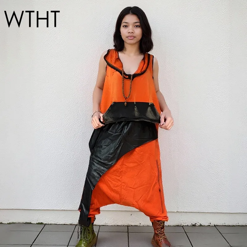 

WTHT Trendy New Women Patchwork Contrast Color Hooded Vest Elastic Waist Spliced Leather Loose Pants Female 2025 Summer 1LS2201