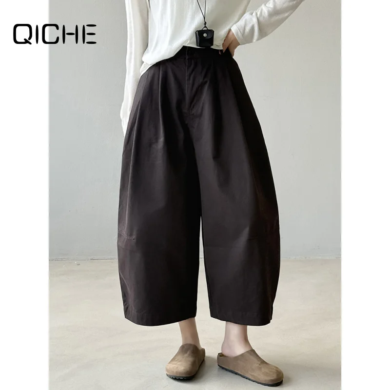 QICHE Women 2026 Autumn Korean‑Style High‑Waist Cropped Curved‑Cut Casual Wide‑Leg Trousers Slim‑Look Women Pants