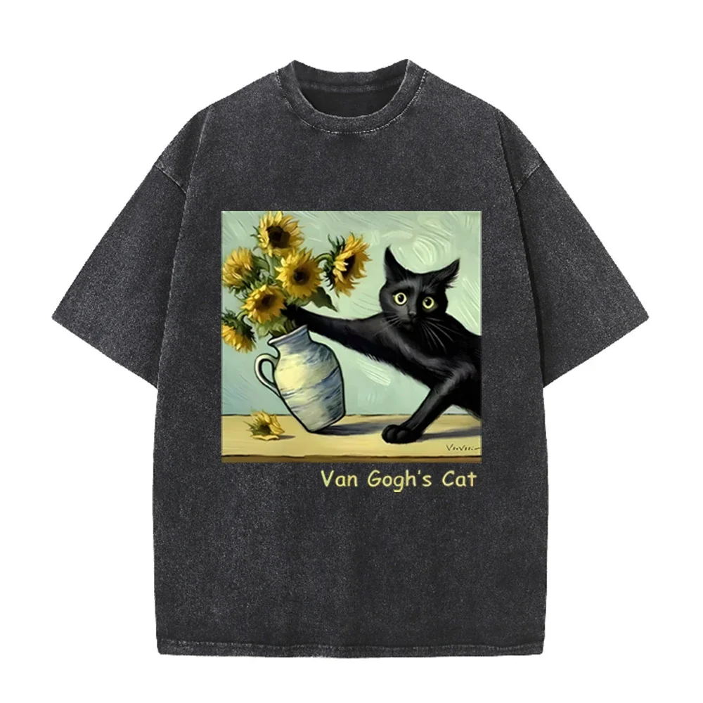 2026 Unisex Van Gogh Cat Art Print T Shirt Cotton Loose Short Sleeve Funny Graphic Harajuku Streetwear Summer Casual Tops