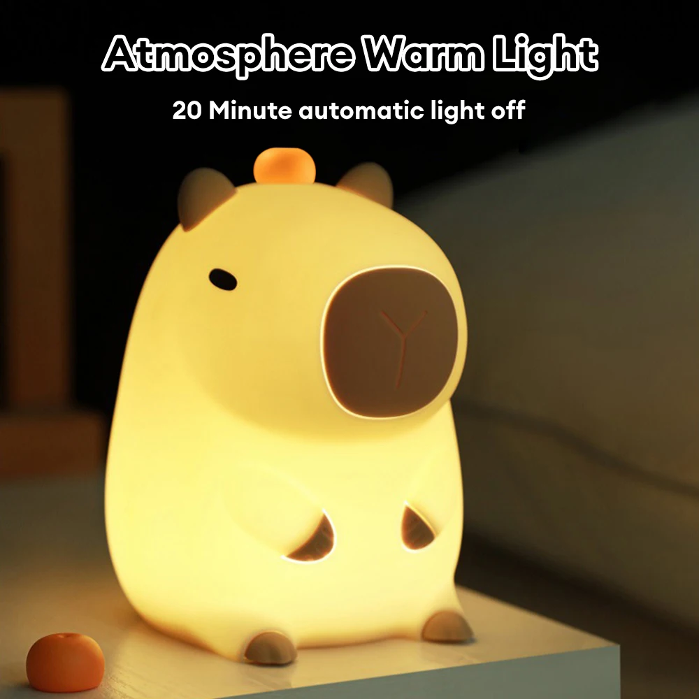 LED Capybara Night Light Cute Silicone USB Rechargeable Animal Lamp Touch Sensor Nightlight Children Kid Bedside Bedroom Decor