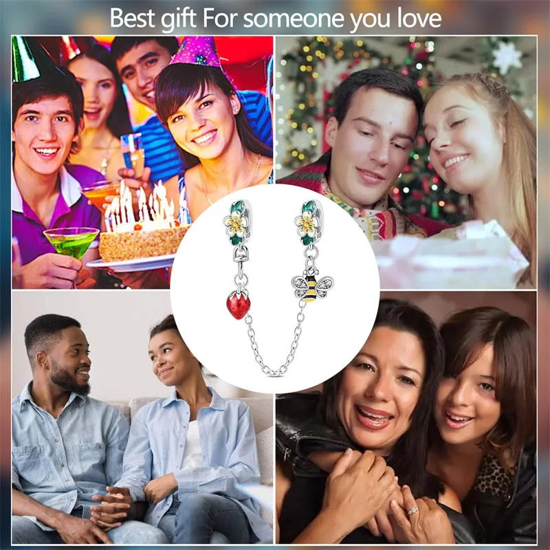 Fit DIY Original 925 Sterling Silver Bee Strawberry Safety Chain Charms Sparkling CZ Zircon Dangle For Women Girls Jewelry Gifts