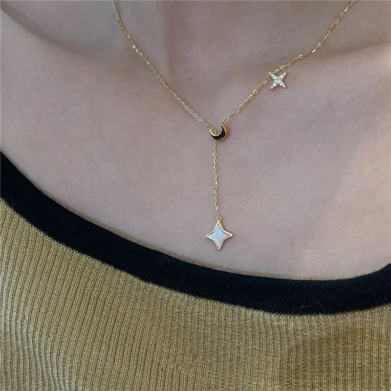

S925 Pure Silver Electroplated 18K Gold Star Moon White Shell Pendant Necklace For Women Temperament Banquet Gift Jewelry