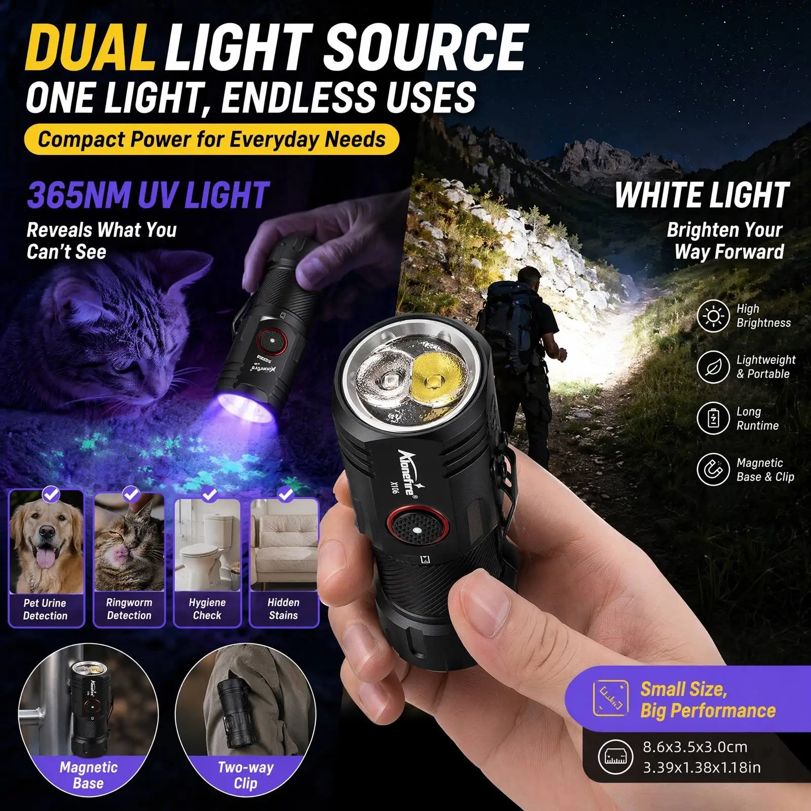 Dual 2-in-1 UV 365nm+Weißlicht Taschenlampe USB Wiederaufladbar UV-Prüfer für Unsichtbare Tinte, Haustierflecken, Erze, Edelsteine, Geld