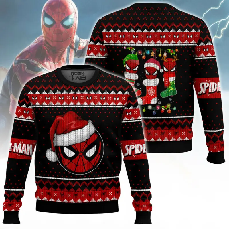 

Marvel Superhero Spider Man Christmas Ugly Sweater Q-Version Christmas Hat Christmas Socks Black And Red Funny Creativity