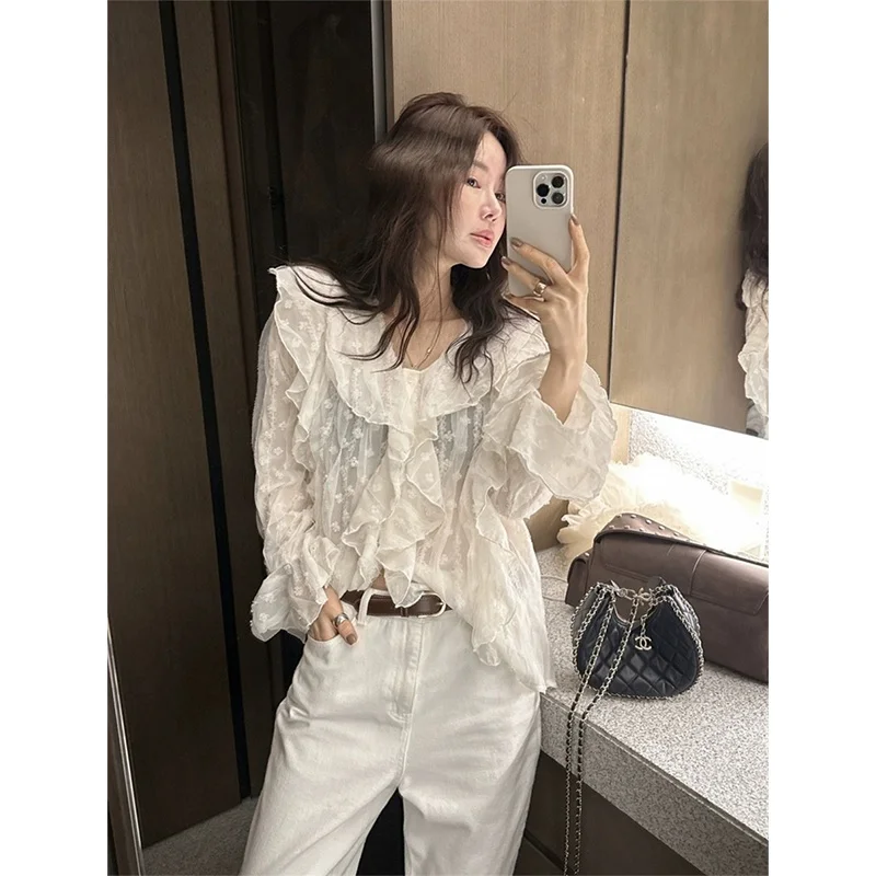 

Gentle Fairy Sle Dongda Gate Spring irt Женская кружевная блузка Bell Sve в стиле пэчворк с подолом прямого кроя Long Sve V-Ne