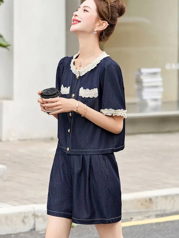 

Wide-leg Women's Short Sets 2 Pieces Denim Tailoring Cheap Offers New in Matching Business Suit with Full Outfit Female Shorts