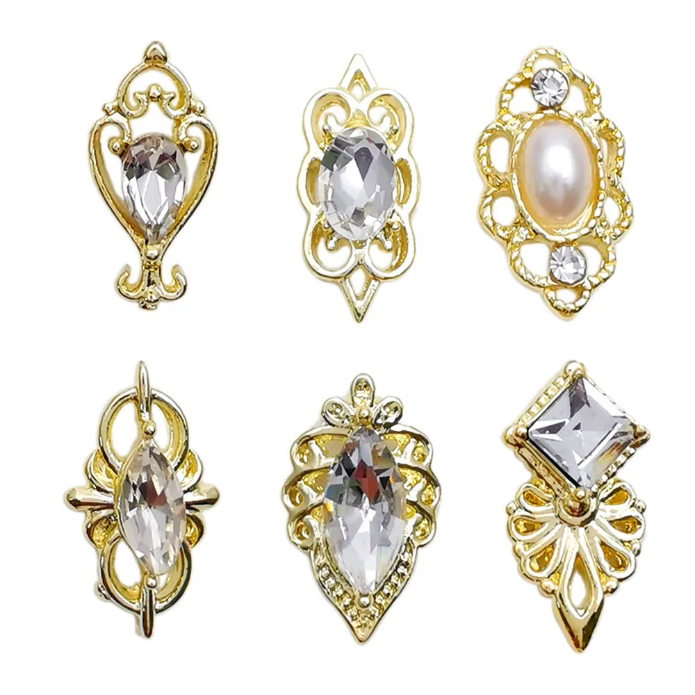 10 Pcs/lot 3D Alloy Nail Art Rhinestone Luxury Retro Baroque Design Nail Jewelry Hollow Lace Decorations Gold/Silver Charms