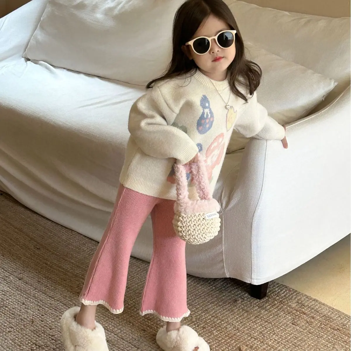 

2024 Autumn Winter Children Girl 2PCS Clothes Set Cotton Cartoon Pullover Sweater Suit Solid Knitted Flare Pant Baby Girl Outfit