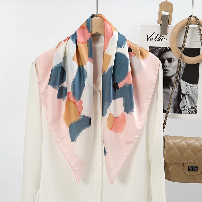Spring New Oil Painting Graffiti Silk Scarf for Women, Fashion Korean Elegant Satin 70cm Small Square Scarf Wholesale