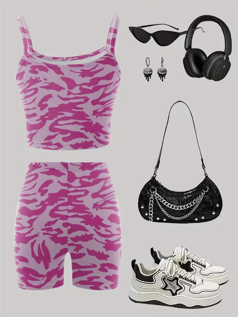 Girls 2-Piece Pink Camo Outfit – Pink Camouflage Print Cami Crop Top & Biker Shorts Set for Kids