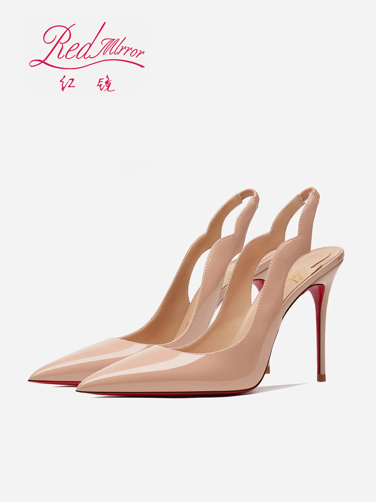 مرآة حمراء 2025 كعب عالي مدبب جديد للنساء بكعب رفيع حقيبة جلدية لامعة رأس صنادل المشاهير بمزاج فارغ