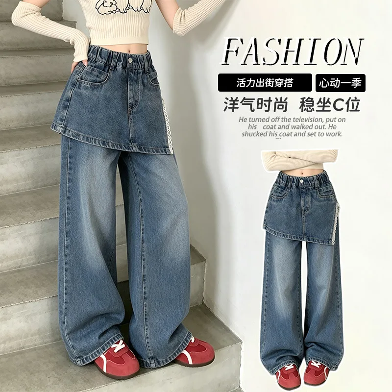 New Spring Autumn Girls Denim Pants With Lace Fake‑Hip Panel Trendy Y2K Style Loose Wide‑Leg Fashion Long Trousers for Childen