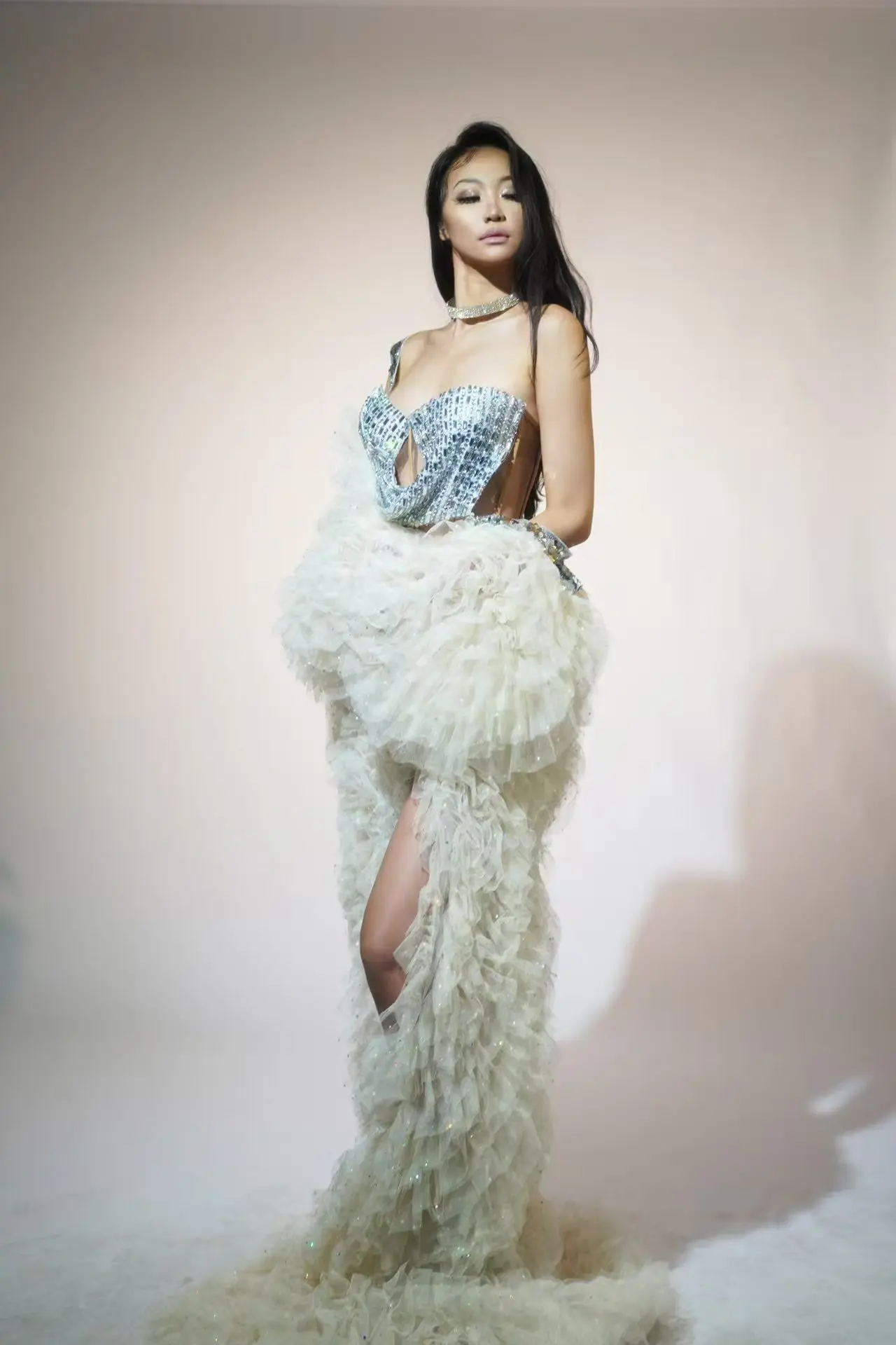 Female Sexy Long Jacket for Women Club Amazing Layered Organza Cloak Dress Puffy Dress Luxury Dinners Party Dress-up Long Cloak