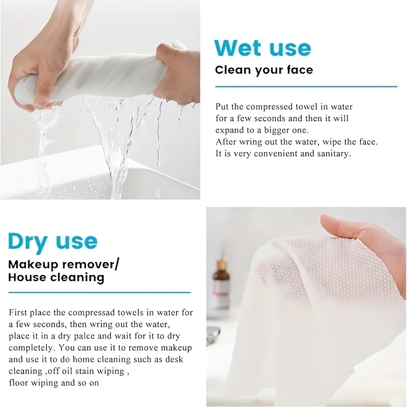 圧縮タオル、個別包装、ウェット＆ドライメイク落とし、旅行用携帯厚手小型正方形タオル、キャンプ用タオル