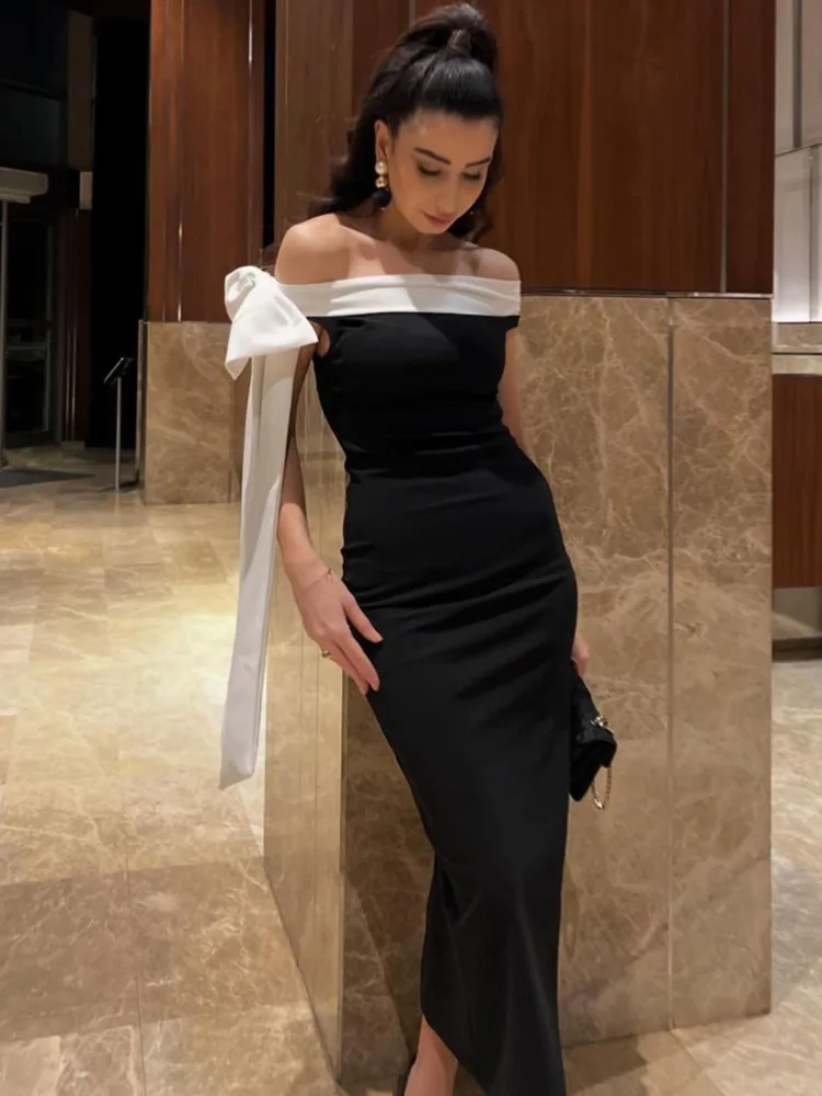 Mozision Sleeveless Ribbon Off-shoulder Solid Sexy Autumn Winter Maxi Dress For Women High Waist Bow Bodycon Party Long Dress