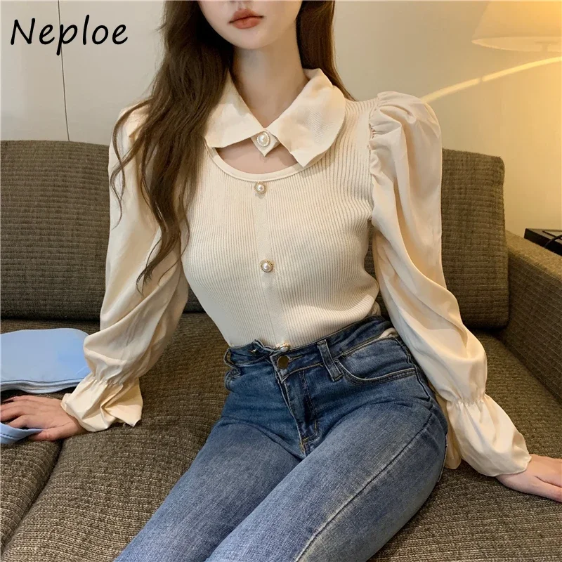 Turn Down Collar Spliced Shirt Woman Puff Long-sleeved Knit Tops Mujer 2024 New Autumn Temperament Sweater Pullover Women