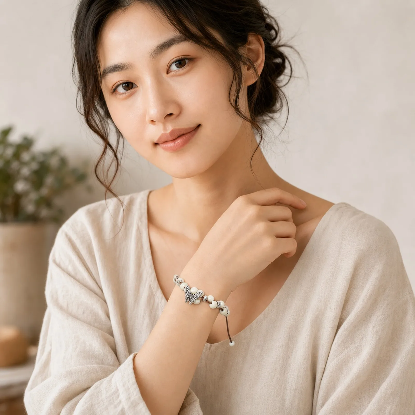 Handmade White Ceramic Bead Adjustable Woven Bracelet with Butterfly Detail Jewelry Accessory for Women Y260706-15