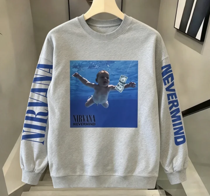 2026 neues Sweatshirt in Heather Gray mit Rundhalsausschnitt, Sweatshirt mit Nirvana Nevermind Albumcover-Grafik, Unisex Rock-Pullover – Detail 7