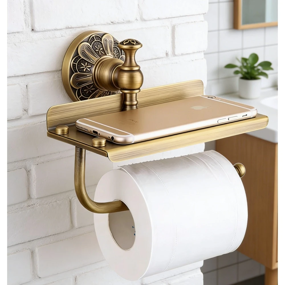 

Настенный держатель для туалетной бумаги из матового золота, держатель для туалетной бумаги из старинной латуни, с местом для хранения мобильного телефона