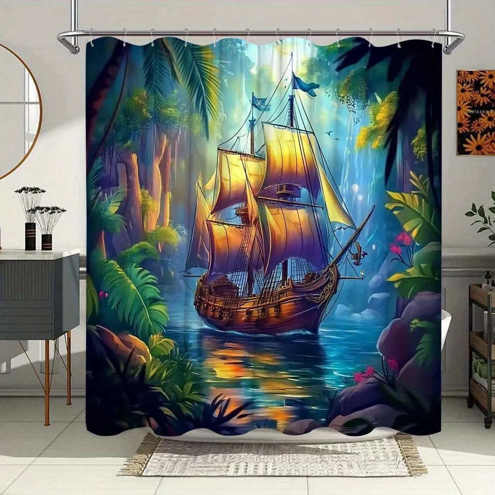

Shower Curtain - Turquoise Ocean, Intricate Rigging, Greenery, Cliffs, Misty Mountains, Bright Sky, Water-Resistant Polyester