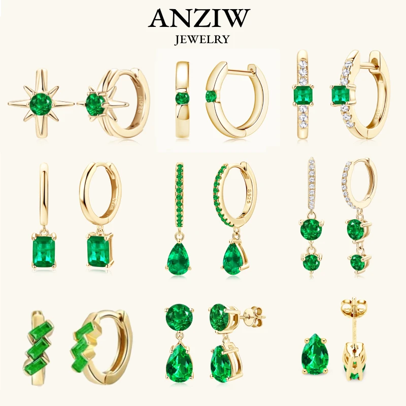 14K Gold Plated 925 Sterling Silver Emerald Gemstone Earrings Green Color Lab Diamond Hoop Stud for Women Delicate Jewelry 2024