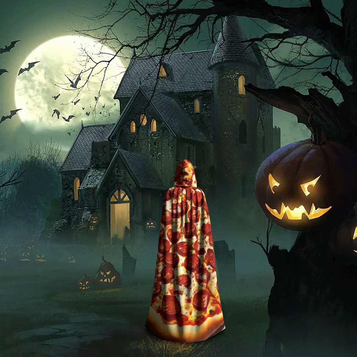 بيبروني بيتزا عباءة طويلة مقنعين الساحرة القرون الوسطى زي تأثيري كيب هالوين مصاص دماء الكبار للجنسين #6