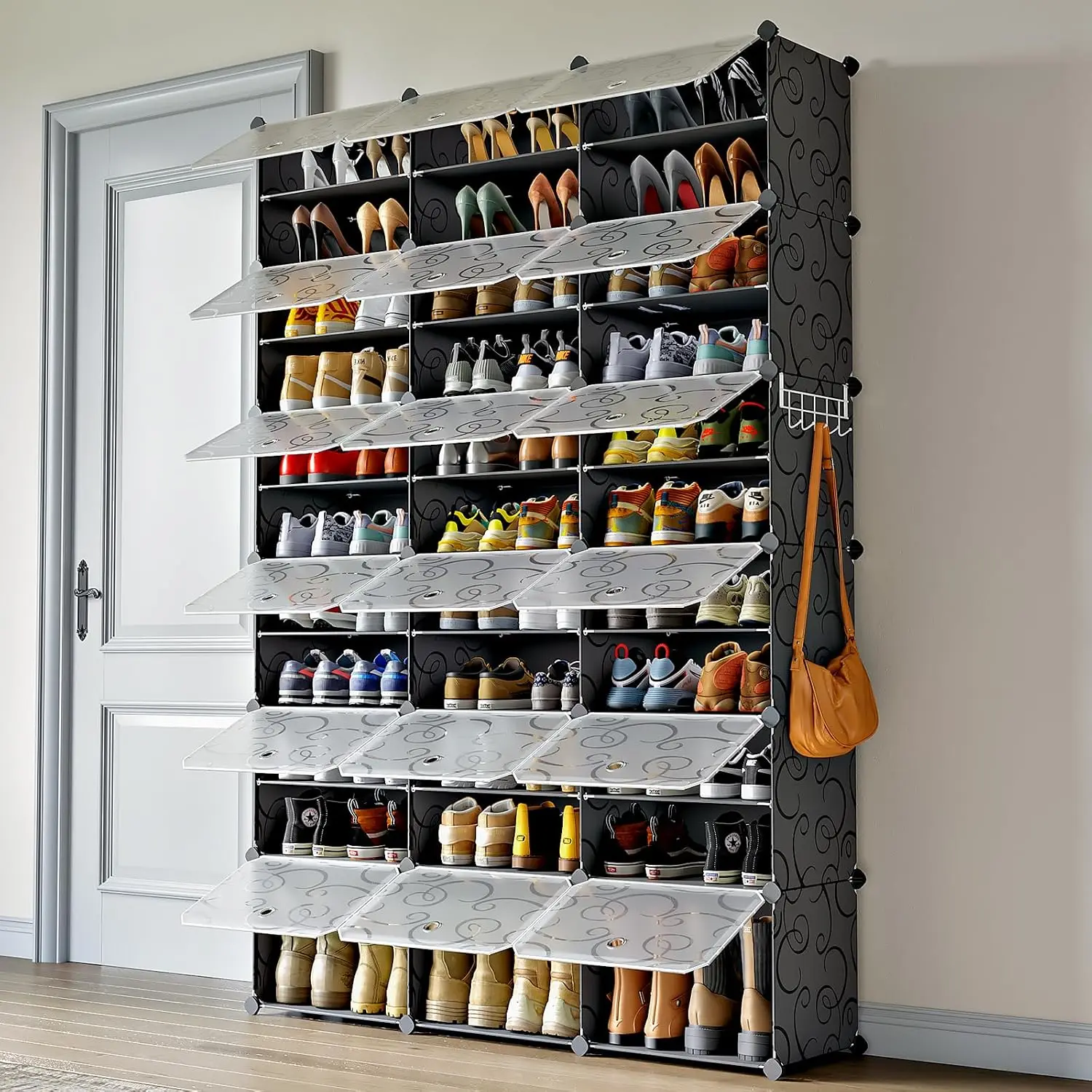 96-Pair Shoe Cabinet Portable Rack with Door DIY Plastic Detachable Shelves for Entryway Bedroom Black, Customized