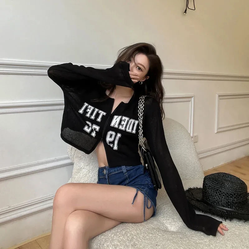 Double Zipper Long Sleeve Cardigan Women Letter See Through Sunproof Cropped Tops Fashion Casual Loose Hiphop Jazz Blouse