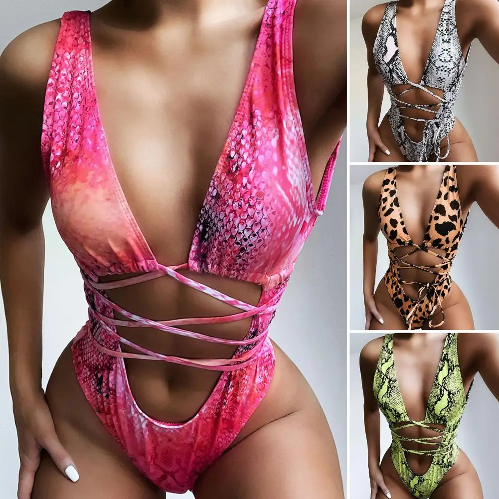 ملابس سباحة مثيرة خالية من الأسلاك لباس سباحة على شكل حرف v عميقة بدون ظهر ملابس سباحة قطعة مثلثة بطبعة الفهد مونوكيني للسيدات للسباحة