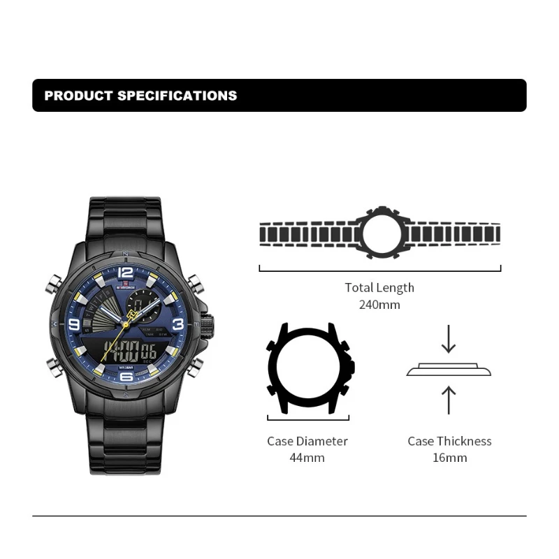 

NAVIFORCE 9257, модные деловые мужские часы со стальной полосой, водостойкий календарь, светящиеся кварцевые мужские часы с двойным дисплеем Часы