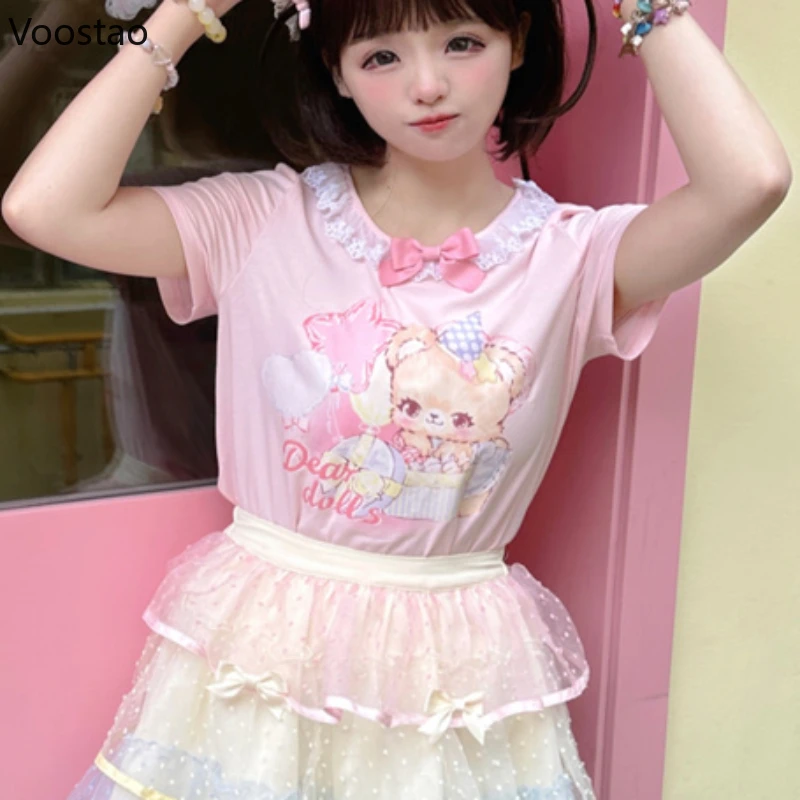 Pink Sweet Bear Print Lolita T-shirts Women Y2k Aesthetic Lace Ruffles O-Neck Bow Short Sleeve Crop Tops Japanese Kawaii Tees