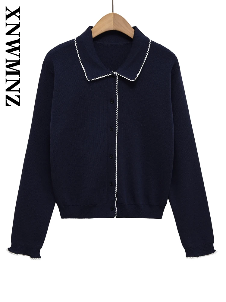 

XNWMNZ 2025 Autumn Lady Simple Fashion Long Sleeve Knit Outerwear Chic Casual Women Clothing Turn-down Collar Commuting Sweater