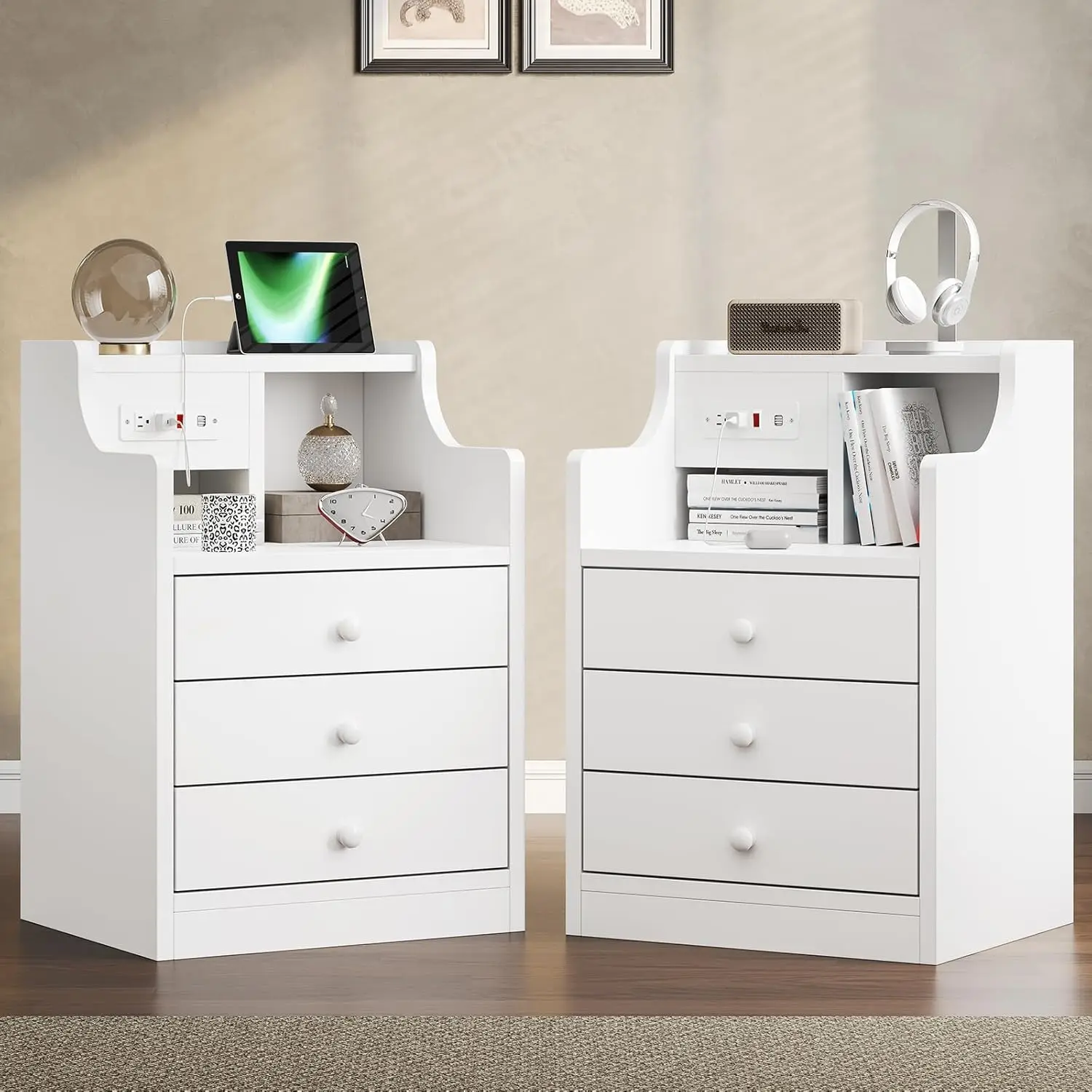 Nightstand Set 2, White Night Stands with Hutch and Charging Station, Nightstand with 3 Drawers for Bedrooms Set of 2, Modern Be