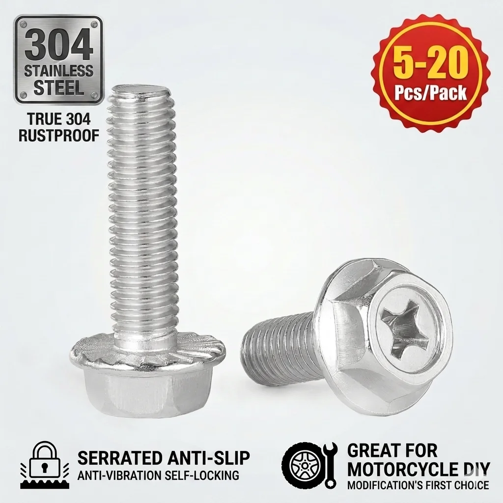 304 Stainless Steel  Hexagon Flange Bolts M5 M6 M8 Phillips Hex Head Screws Serrated Anti-Slip Locking Screw For Motorcycle DIY