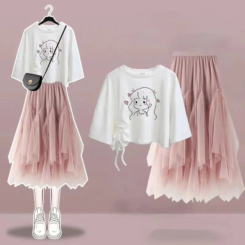 Women Cute Clothes 2024 Summer Korean Loose Print Short Sleeve T-shirt Irregular Mesh Skirt Two Piece Set Tops Midi Skirt Outfit