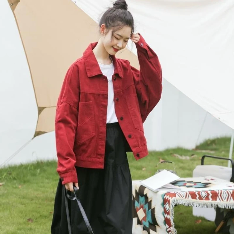 2025 Moda mujer Vino suelto - Vaquero rojo Retro Hong - Estilo Béisbol Ins Ropa de abrigo de otoño de moda