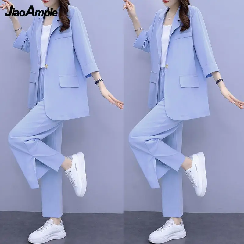 2024 Women Autumn New Casual Blazers Jacket Trousers Matching Set Korean Elegant Loose Suit Coat Pants Two Piece Female Clothing