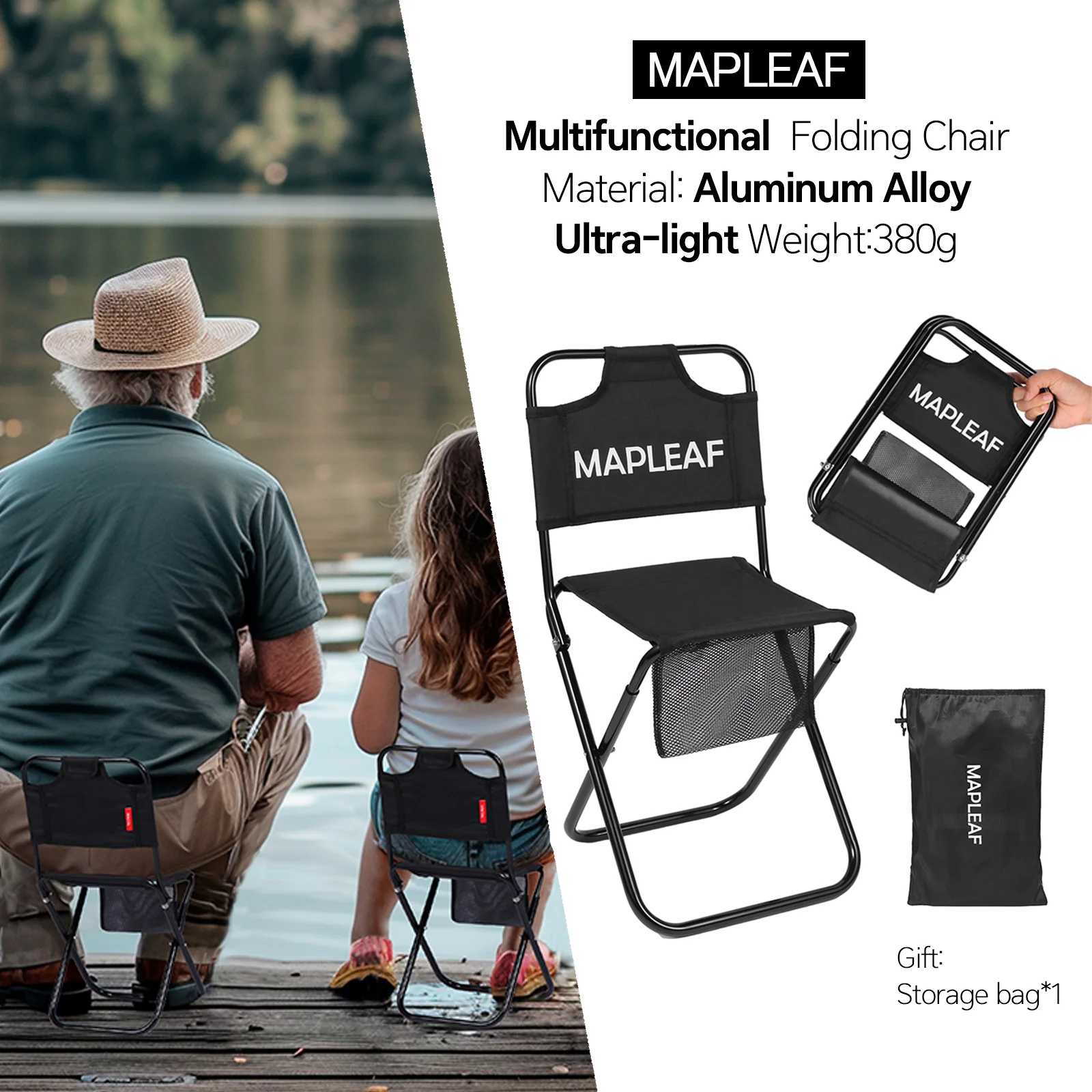 

Mapleaf Camping Chair Ultralight Foldable Load-bearing 75KG with Back and Mesh Pocket Compact Picnic Outdoor Hiking Fishing