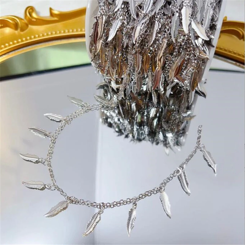 New Retro Gold Color Plated Feather Tassel Link Chains For DIY Jewelry Making No Fade Leaves Copper Chain Garment Accessories