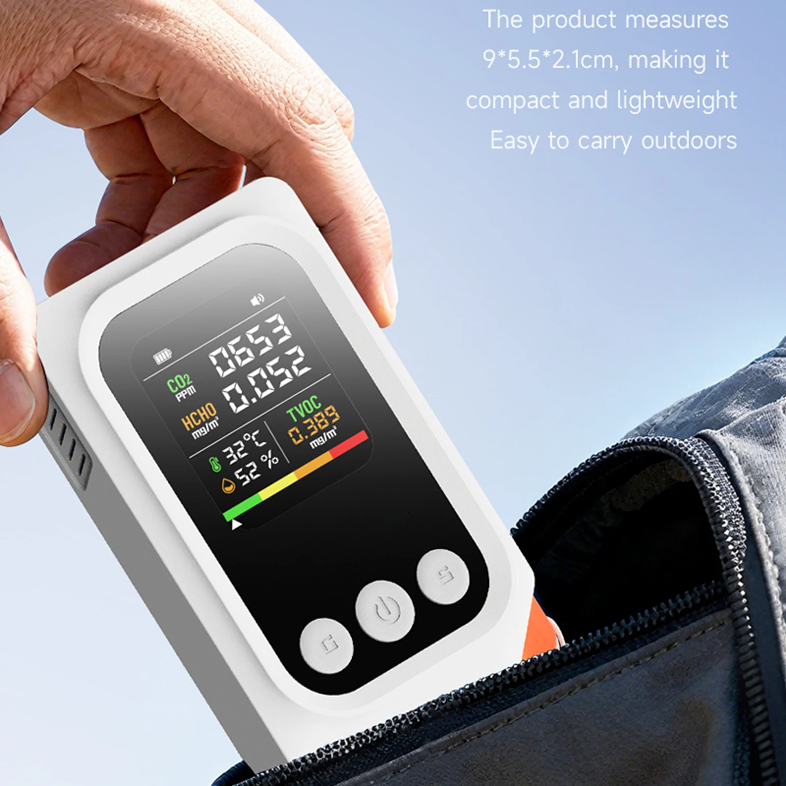 

5-in-1 Portable Air Quality Monitor CO2 HCHO TVOC Detector With Temperature Humidity Display USB Rechargeable 1000mAh