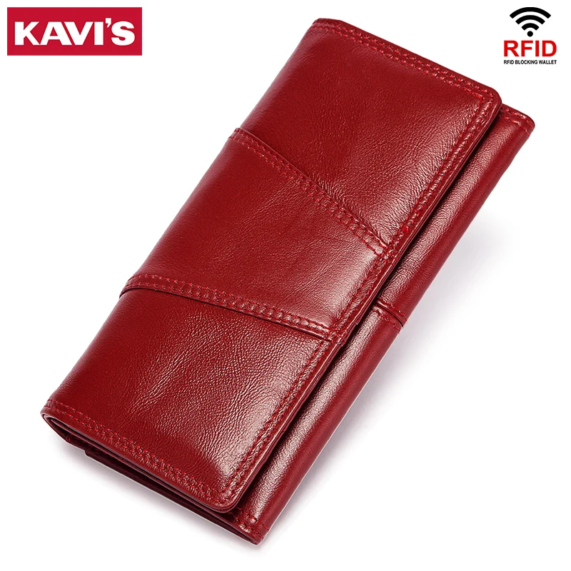 

KAVIS Women's Wallet Top Layer Leather Long Clutch Money Wallets RFID Blocking Handbag for Card Cell Phone Holder Portemonnee