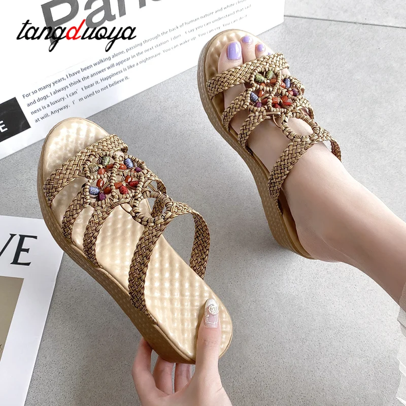 Women Bohemian Slippers Summer Straw braid Vintage Open Toe High Heels Sandals Woman Casual Beach sandals