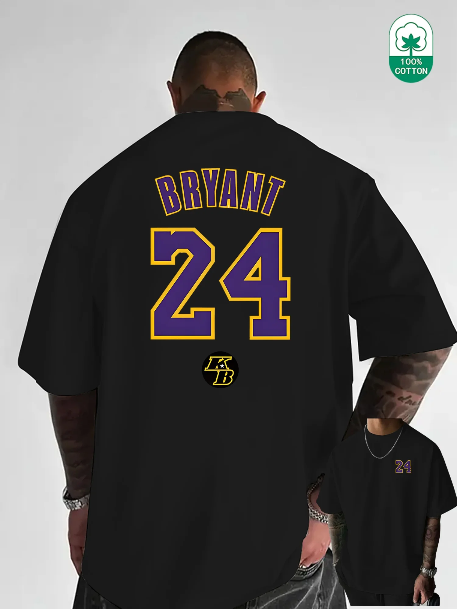 Schwarzes Baumwoll-T-Shirt für den Sommer, kurzärmelig, für Herren, Fitness, Muskel, Kobe 24, klassischer Streetwear-Stil
